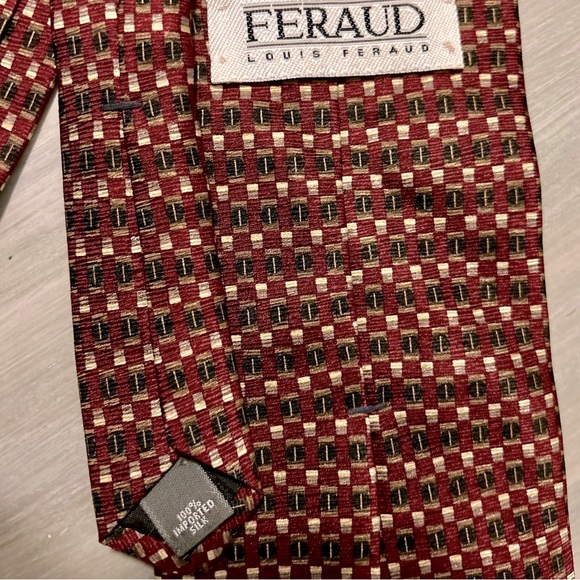 LOUIS FERAUD 100% SILK Geometric Imported TIE Necktie Red Tan Black Neck-ware - Picture 6 of 7